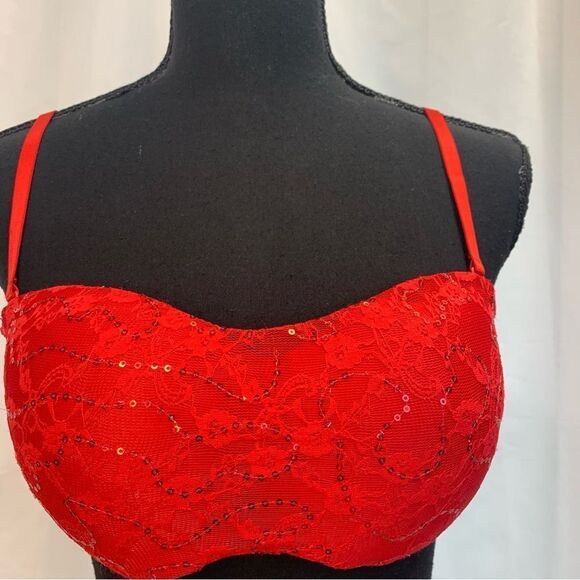 RED lace sequin bra crop top Sz L - Picture 3 of 9